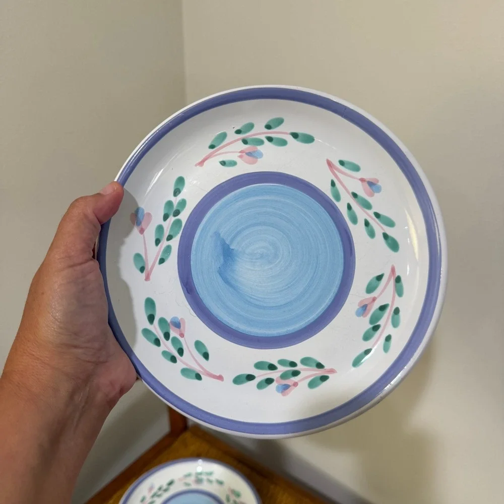 Caleca Blue Garland Hand Painted Italy Blue Floral Salad Plates Set of 4 ~8in